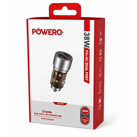 Powero+ Crysta Dual Port Car charger 38W - Silver