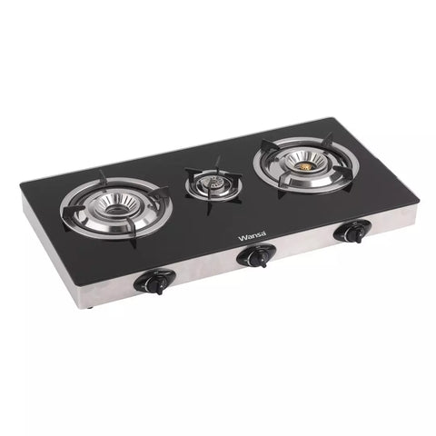 Wansa 3-N5-1608, 3-Burner Gas Stove – Black Glass Top, Auto Ignition, High-Efficiency Whirlwind Flame