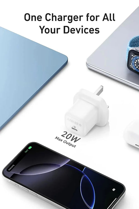 أنكر شاحن زولو 20 واط بتقنية GaN، يدعم تقنية توصيل الطاقة USB PD، مع كابل تايب سي – أبيض