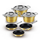 Berlinger Haus Hammered Cooking Set 9 Pcs Set Casseroles (30+26+22 cm) + Fry Pan (30+26+22 cm) - Gold
