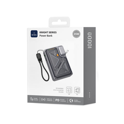 WiWU Knight Series 10,000 mAh Power Bank – 35W with Integrated CN+UK+EU Plug, Black
