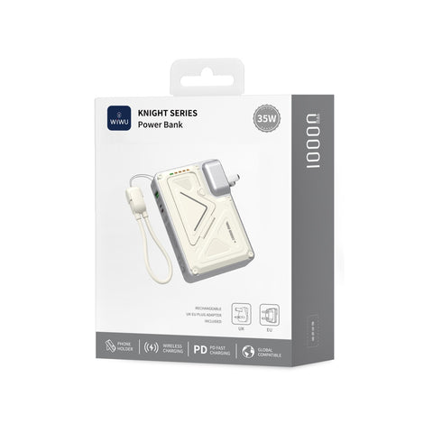 WiWU Knight Series 10,000 mAh Power Bank – 35W with Integrated CN+UK+EU Plug, White