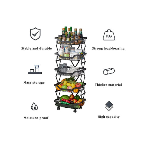 5 Layer Adjustable Foldable Movable Storage Rack with 360° Rolling Wheels & Mesh Baskets for Kitchen Organization