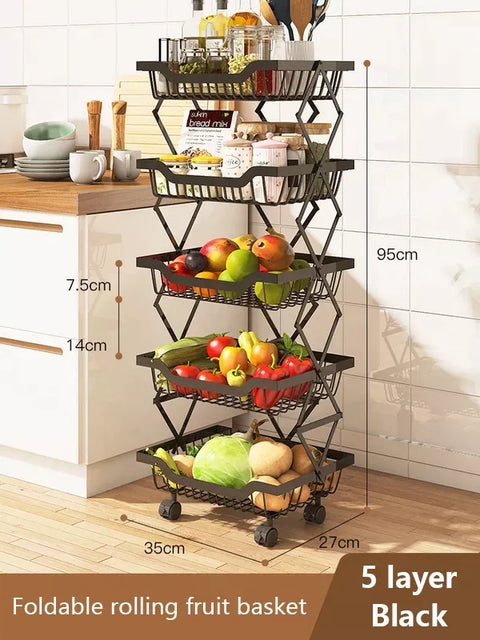5 Layer Adjustable Foldable Movable Storage Rack with 360° Rolling Wheels & Mesh Baskets for Kitchen Organization