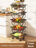 5 Layer Adjustable Foldable Movable Storage Rack with 360° Rolling Wheels & Mesh Baskets for Kitchen Organization
