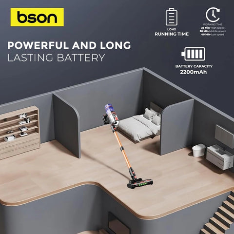 BSON Cordless Vacuum Cleaner - 35KPA Suction, Tangle-Free Roller Brush