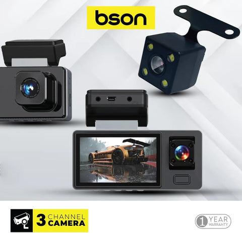 BSON Tri-Vision Dash Cam - 3-Channel with Night Vision & Built-In WiFi