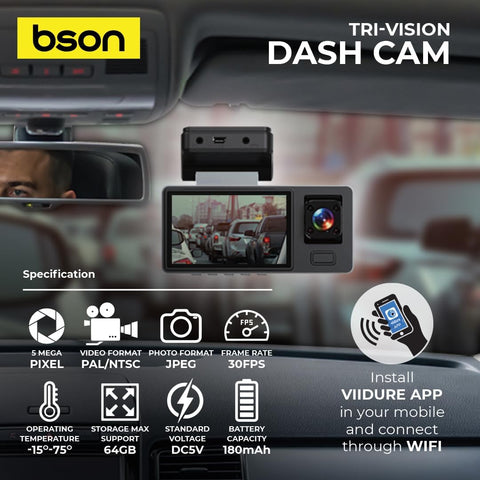 BSON Tri-Vision Dash Cam - 3-Channel with Night Vision & Built-In WiFi