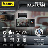 BSON Tri-Vision Dash Cam - 3-Channel with Night Vision & Built-In WiFi