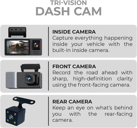 BSON Tri-Vision Dash Cam - 3-Channel with Night Vision & Built-In WiFi