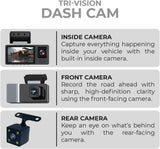 BSON Tri-Vision Dash Cam - 3-Channel with Night Vision & Built-In WiFi