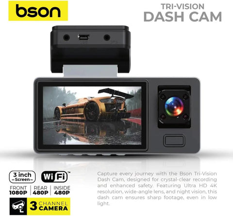 BSON Tri-Vision Dash Cam - 3-Channel with Night Vision & Built-In WiFi