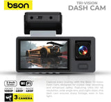 BSON Tri-Vision Dash Cam - 3-Channel with Night Vision & Built-In WiFi
