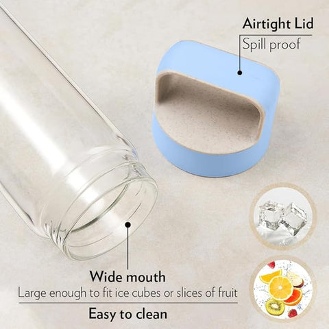 Borosil Borosilicate Glass Water Bottle with Leakproof Airtight Lid, Fridge Safe Wide Mouth Clear Bottle