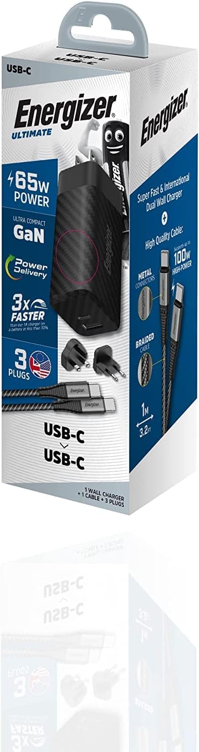 Ultimate 65W PD/QC Wall Charger with Universal Plug- GaN Technology- Dual Output- USB-C to USB-C Braided Cable- Black