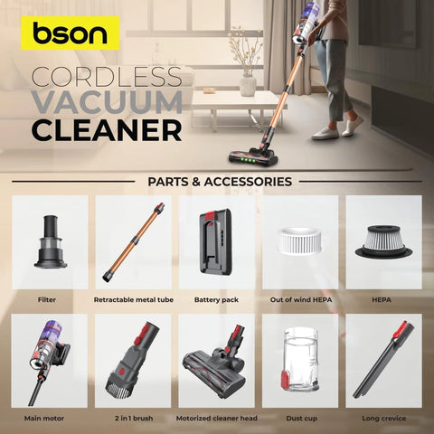 BSON Cordless Vacuum Cleaner - 35KPA Suction, Tangle-Free Roller Brush