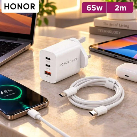HONOR Select Power Adapter (65W, 3-Ports, GaN) PD With C-C Cable 2M - White