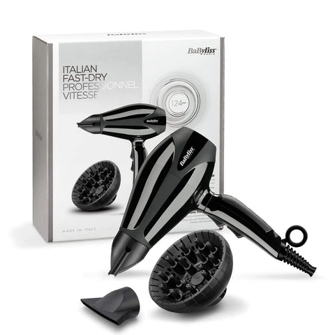 Babyliss Ac Dryer 2400W 2 Nozzles Ionic Black 124Km/H 2 Heat 2 Speed Cold Shot Frizz Control Diffuser