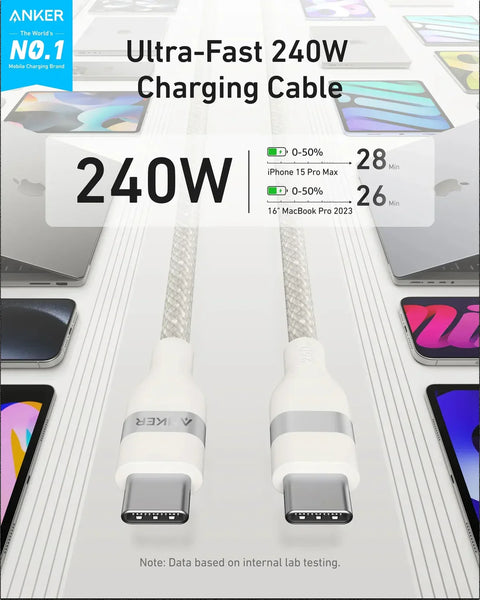 Anker USB-C to USB-C Cable 240W Upcycled-Braided 0.9m/3ft - Super Fast Eco-Friendly Charging