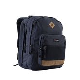 Black backpack with brown accents on a light gray background