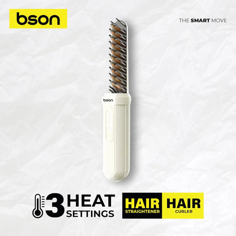 BSON 2-in-1 Hair Comb & Straightener/Curling Iron - Cordless & Adjustable Heat