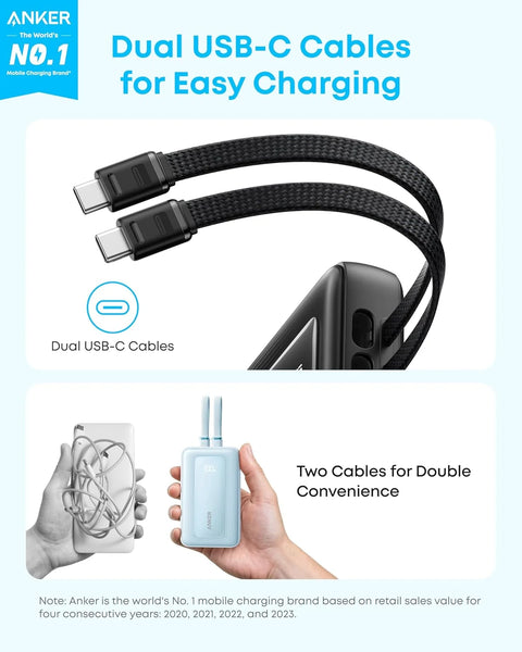 Anker Zolo Power Bank (10K, 35W, Built-In Dual USB-C Cables) - White