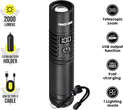 BSON Force USA Telescopic Flashlight - 2000 Lumens, Adjustable Focus Beam