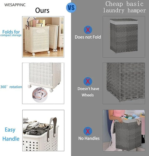• Khamsan 55L Large Rolling Laundry Basket, Foldable with Handle