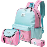 Pink and light blue backpack with matching lunch bag and pencil case on a white background