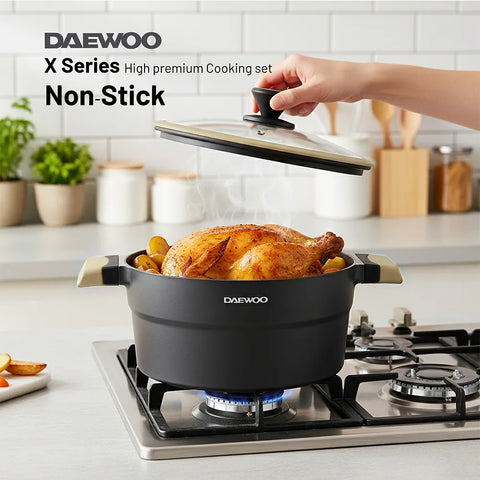 Daewoo Granite Casserole Pot with Lid Black & Brown (32, 28, 24 cm)