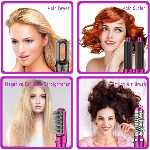 5 In 1 Hair Rotating Hair Dryer Hair Straightener Comb Curling Brush 5 interchangeable barrels