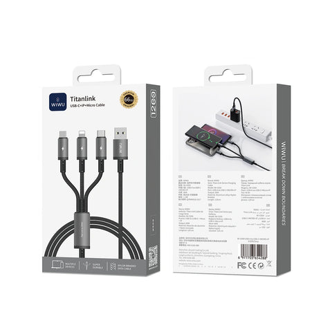 WiWU Titanlink 66W 3-in-1 Charging Cable 1.2m – USB-A to Type-C, Micro & Lightning
