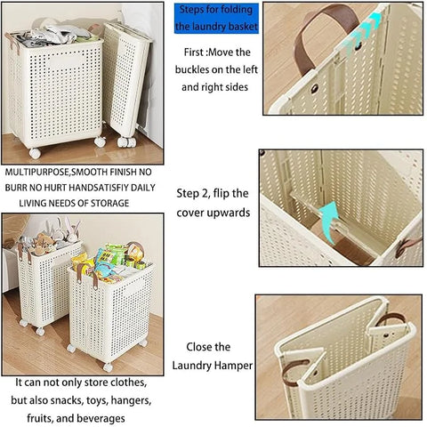 • Khamsan 55L Large Rolling Laundry Basket, Foldable with Handle