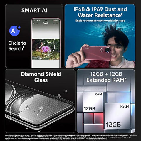 فيفو V50 5G – شاشة AMOLED مقاس 6.77 بوصة بمعدل تحديث 120Hz، ذاكرة RAM 12GB + 12GB ممتدة، سعة تخزين 256GB، معالج Snapdragon 7 Gen 3، شحن سريع 90W