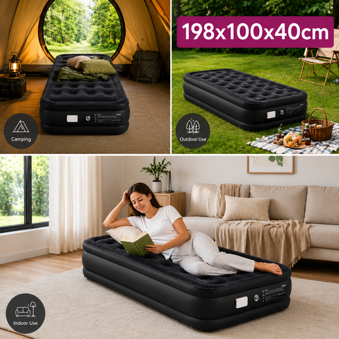 Inflatable Air Mattress with Rechargeable USB Pump, Air Coil Support & Pillow – 198 × 100 cm