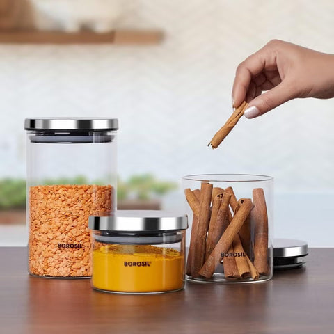 برطمان Borosil Classic لحفظ الطعام من زجاج البوروسيليكات مع غطاء من الستانلس ستيل، آمن للميكروويف والفرن والفريزر