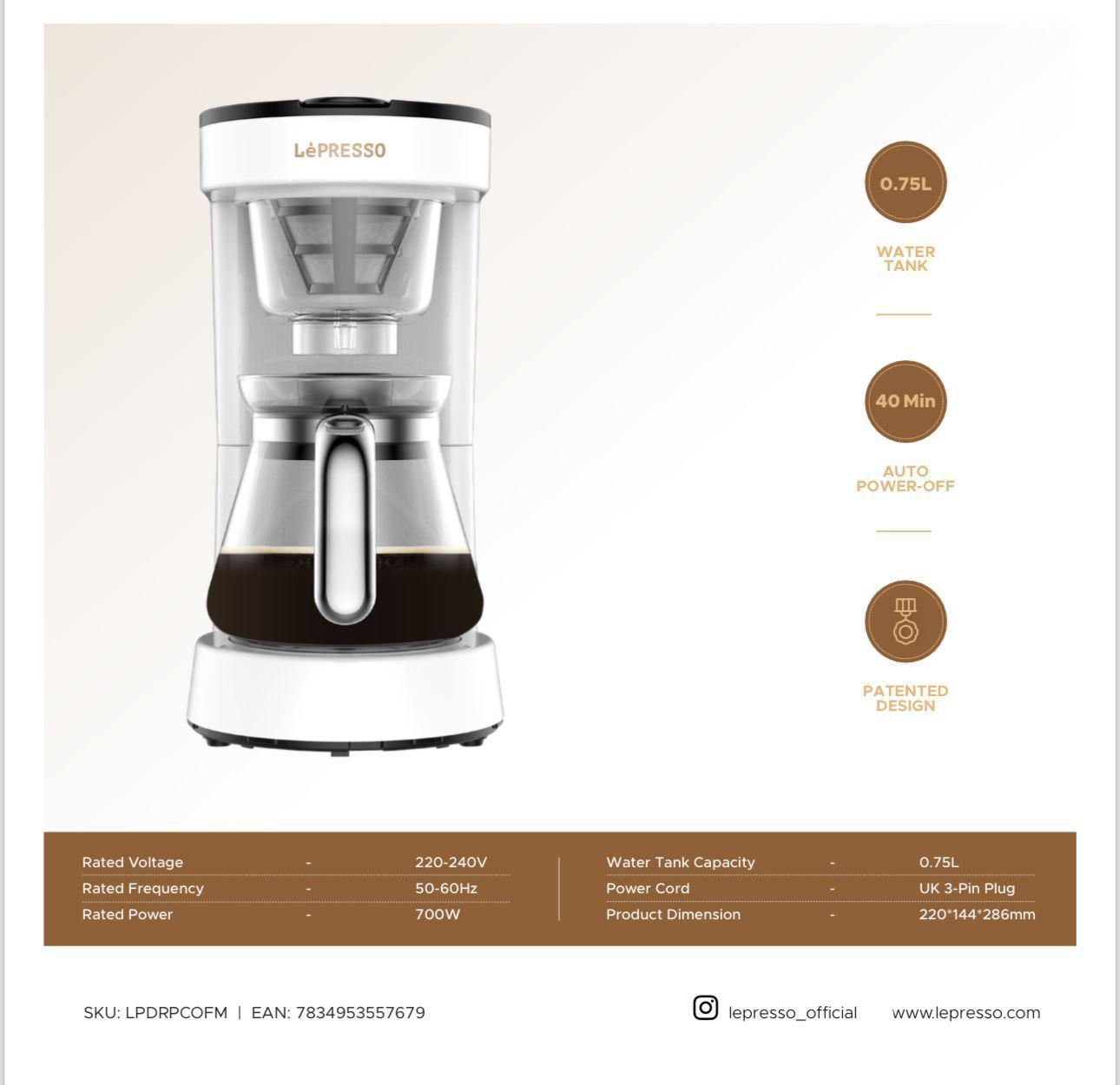 LePresso, Drip Coffee Machine BS plug 0.75L - White LePresso, Drip Coffee Machine BS plug 0.75L - White