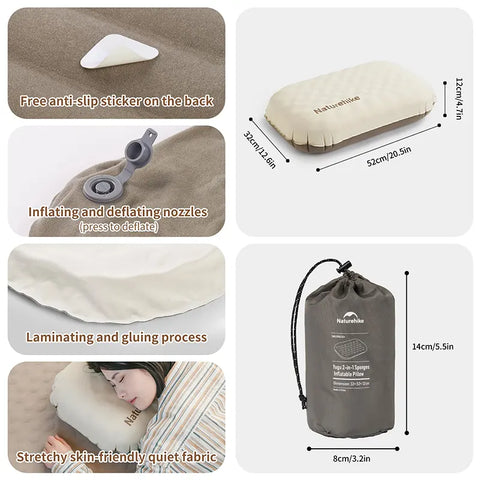 Naturehike Yugu 2-in-1 Sponges Inflatable Pillow - Champagne Brown (L)