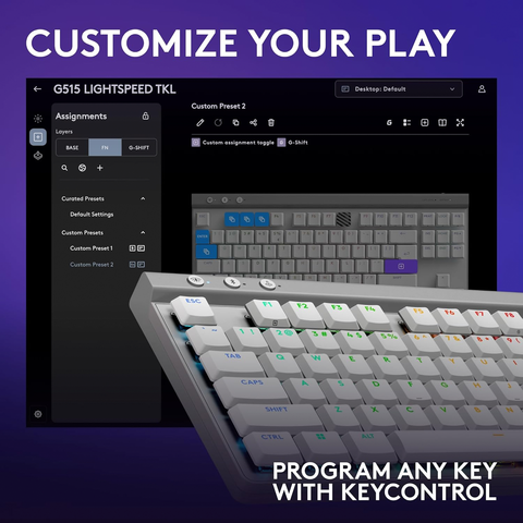 Logitech G515, TKL LIGHTSPEED Low-Profile Wireless Gaming Keyboard Tactile Switch