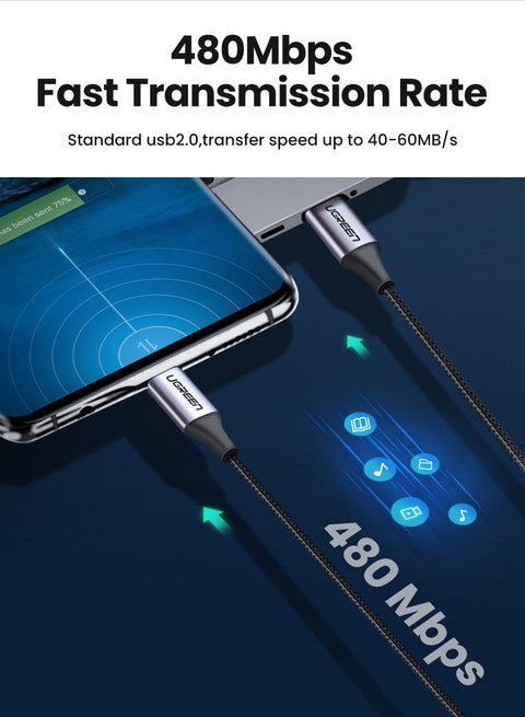 UGREEN US261, USB-C to USB-C Round Cable Nickel Plating Aluminum Shell 1m - Gray & Black