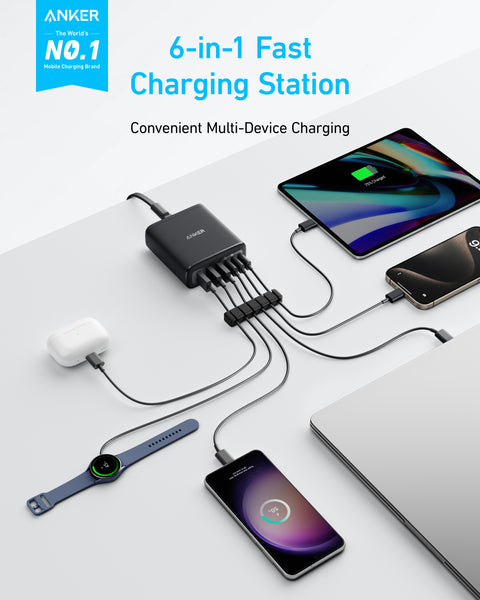 Anker 112W 6-Port GaN Charger – 3 USB-C & 3 USB-A Desktop Charging Station (Black)