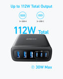 Anker 112W 6-Port GaN Charger – 3 USB-C & 3 USB-A Desktop Charging Station (Black)