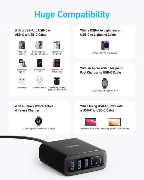 Anker 112W 6-Port GaN Charger – 3 USB-C & 3 USB-A Desktop Charging Station (Black)