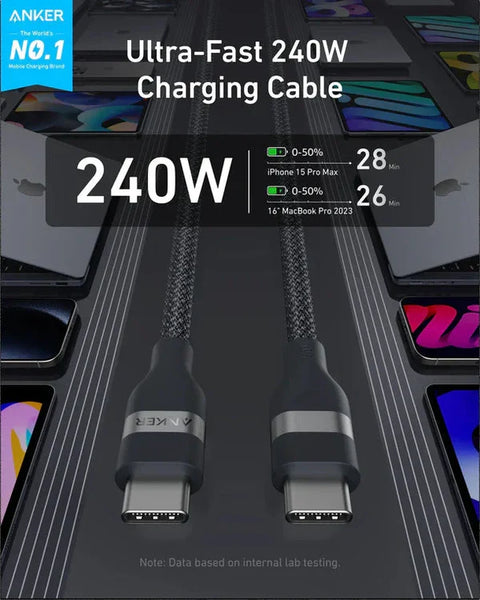 أنكر 1.8م/6قدم، USB-C إلى USB-C 240 واط، معاد تدويره ومضفر، شحن سريع ومتين
