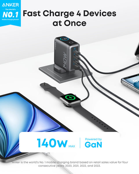 Anker 140W 4-Port PD 3.1 GaN Charger with USB-C Cable – Smart Display Fast Charger