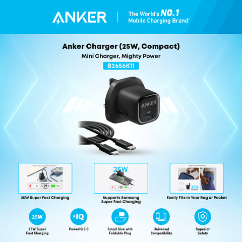 Anker 25W Compact Charger with USB-C Cable – PPS Fast Charging Wall Plug (Black)