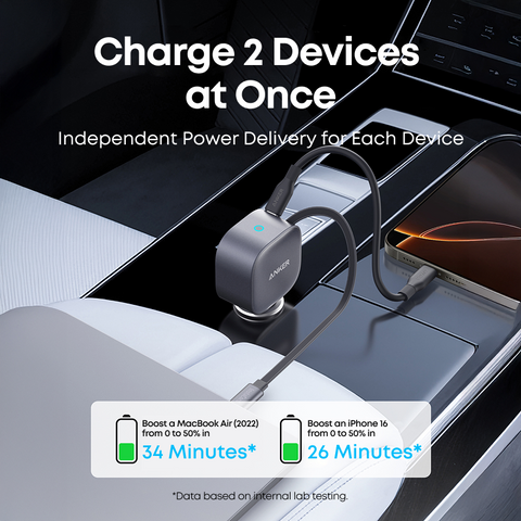 Anker 75W USB‑C Car Charger – Built‑In Retractable Cable (Silver)