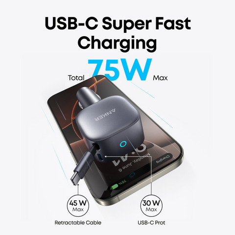 Anker 75W USB‑C Car Charger – Built‑In Retractable Cable (Silver)