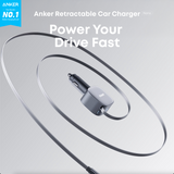 Anker 75W USB‑C Car Charger – Built‑In Retractable Cable (Silver)