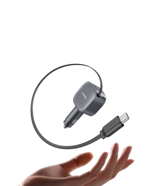 Anker 75W USB‑C Car Charger – Built‑In Retractable Cable (Silver)